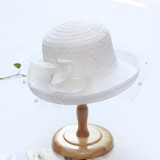 Lace Mesh Curled Top Hat Elegant Diamond Bow Sun Hat Women's Summer Fashion Sun Hat