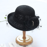 Lace Mesh Curled Top Hat Elegant Diamond Bow Sun Hat Women's Summer Fashion Sun Hat