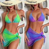 Women's swimsuit gradient split three piece set with tie dye printed bikini swimwear