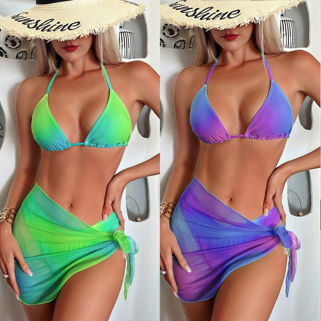 Women's swimsuit gradient split three piece set with tie dye printed bikini swimwear