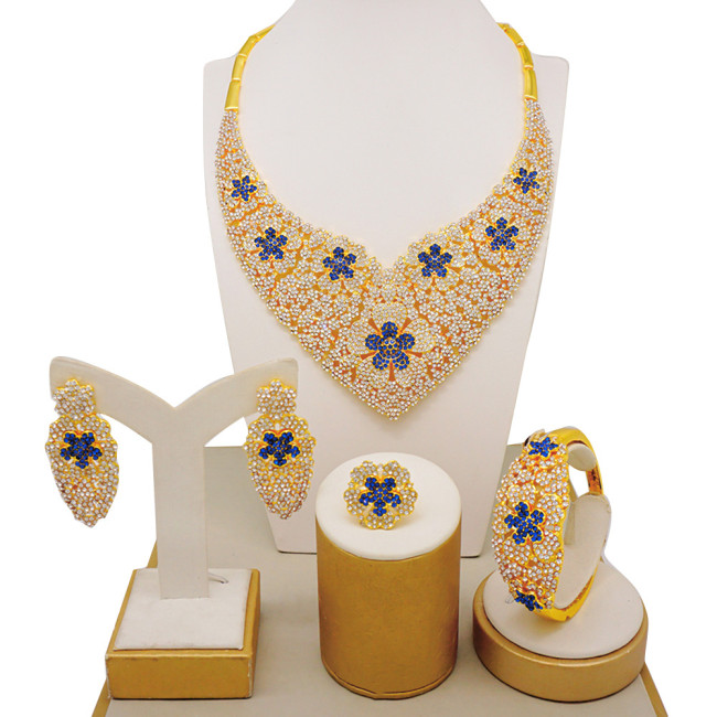 24K gold-plated set necklace, banquet set with diamonds, zircon jewelry accessories