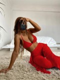Swimsuit women's split body three piece set, mesh solid color ins, mesh red long pants bikini