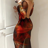 Women's summer new sexy perspective printed long sleeved backless mesh slim fit long dress