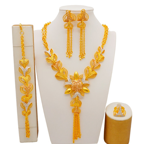 Tassel gold-plated large necklace set, 24K true gold earrings, bracelet, ring necklace