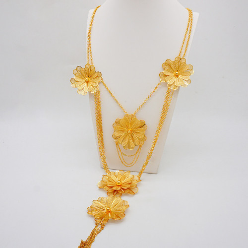 Long Necklace Flower Set Multi layered Gold Plated Flower Earrings Necklace Set