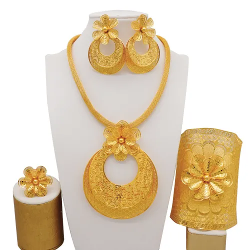 24K gold-plated banquet necklace, bracelet, ring, earring set