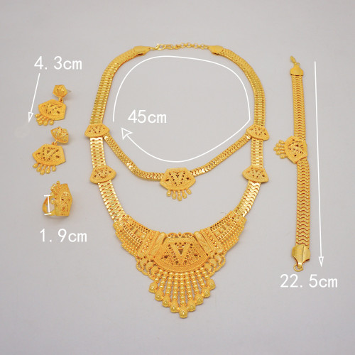 24K gold-plated double-layer alloy large necklace set, bracelets, earrings, rings, four piece set