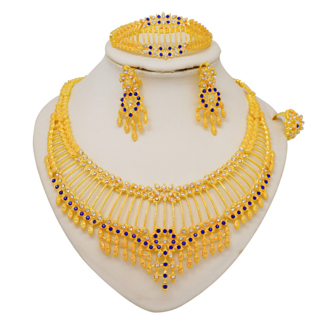 24K alloy large set necklace, four piece set earrings, bracelet, and ring