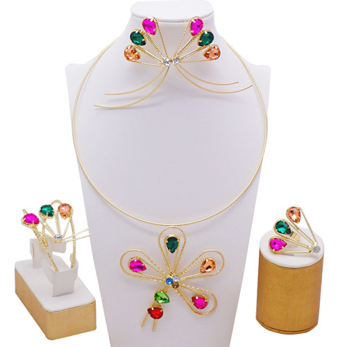Large collar, butterfly, rhinestone necklace set, electroplated 24K gold, 925 silver, bride's wedding