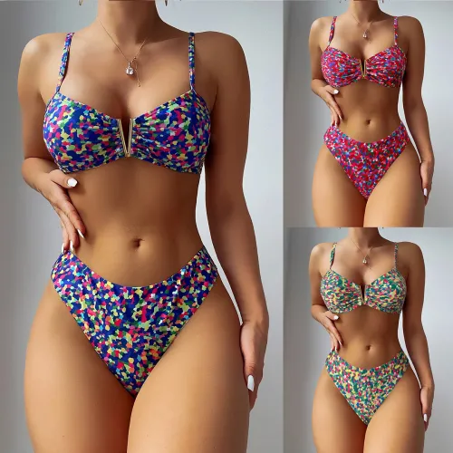Women's swimsuit two-piece printed metal U-shaped bikini swimsuit