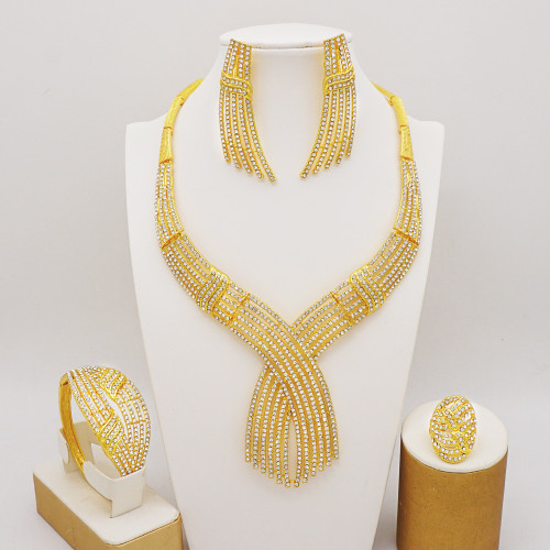 Full diamond alloy necklace, earrings, rings, bracelets, exaggerated large set, wedding bride accessories