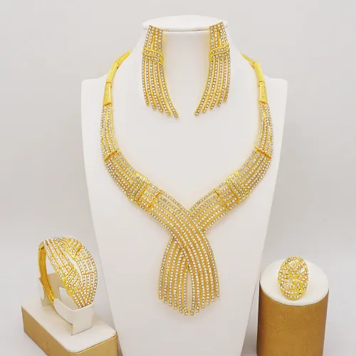 Full diamond alloy necklace, earrings, rings, bracelets, exaggerated large set, wedding bride accessories