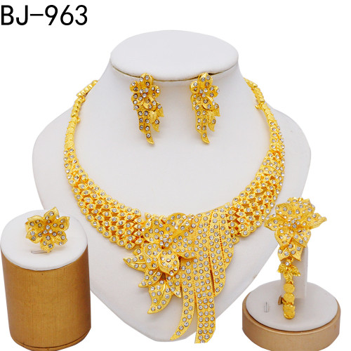 Exaggerated gold-plated necklace set, earrings, bracelets, ring inlaid with rhinestones