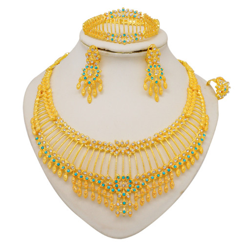 24K alloy large set necklace, four piece set earrings, bracelet, and ring