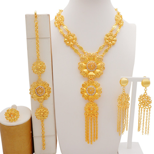 Double layered flower gold-plated necklace set of four earrings, bracelet ring, long pendant, tassel