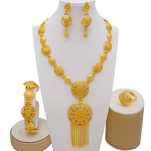 Extended alloy tassel necklace set with 24k gold-plated bracelets, earrings, and jewelry sets