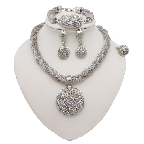 Fried Dough Twists Chain Round Pendant Rhinestone Necklace Set Earrings Bracelet Ring Set of Four 18K Gold