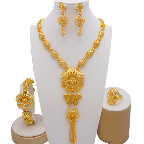Extended alloy tassel necklace set with 24k gold-plated bracelets, earrings, and jewelry sets
