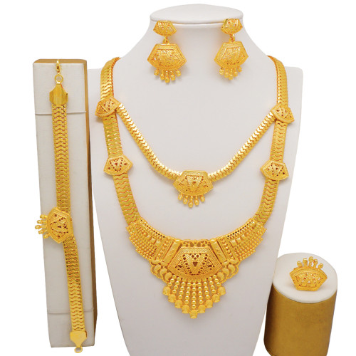 24K gold-plated double-layer alloy large necklace set, bracelets, earrings, rings, four piece set