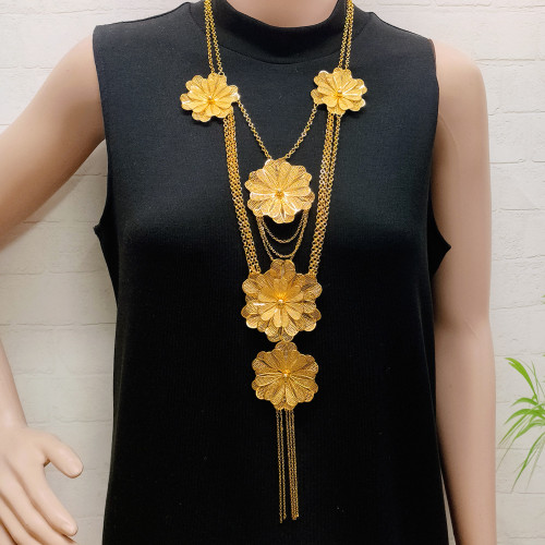 Long Necklace Flower Set Multi layered Gold Plated Flower Earrings Necklace Set
