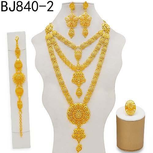 Exaggerated gold-plated necklace set, earrings, bracelets, ring inlaid with rhinestones