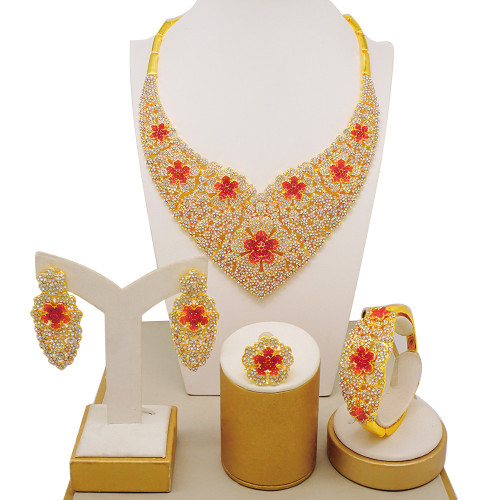 24K gold-plated set necklace, banquet set with diamonds, zircon jewelry accessories