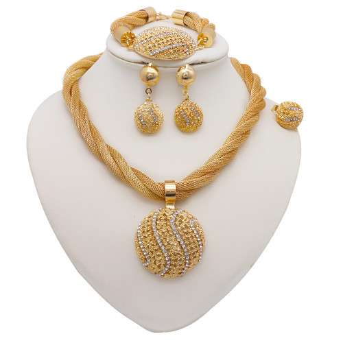 Fried Dough Twists Chain Round Pendant Rhinestone Necklace Set Earrings Bracelet Ring Set of Four 18K Gold