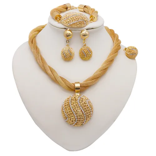 Fried Dough Twists Chain Round Pendant Rhinestone Necklace Set Earrings Bracelet Ring Set of Four 18K Gold