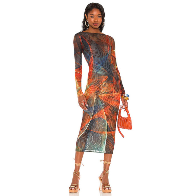 Women's summer new sexy perspective printed long sleeved backless mesh slim fit long dress