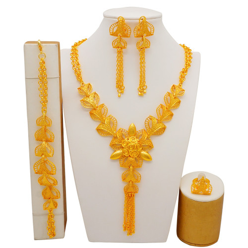 Tassel gold-plated large necklace set, 24K true gold earrings, bracelet, ring necklace