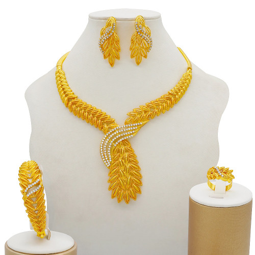 Alloy electroplating set necklace with diamond earrings, bracelet ring, 24k gold crystal zircon
