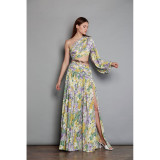 New European and American Spring/Summer Slanted Shoulder, Off waist, Sexy High Fork Printed Dress for Women