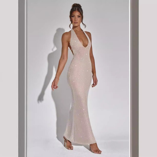 Sexy backless dress, luxurious hot diamond hanging neck strap, buttocks wrapped long dress