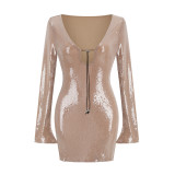 Lace hollow sequin long sleeved sexy waist wrap buttocks personalized party banquet dress for women