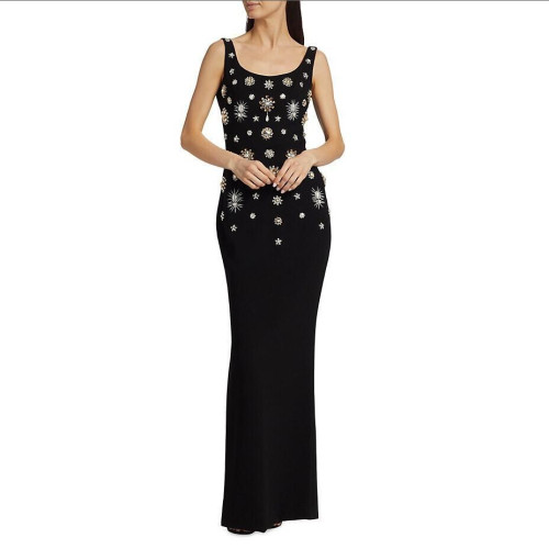 Sleeveless Square Neck Heavy Industry Nail Bead Long Dress Sexy Slim Fit Open Back Dress