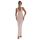 Sexy backless dress, luxurious hot diamond hanging neck strap, buttocks wrapped long dress