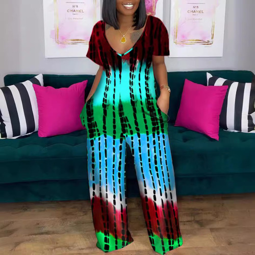 New fashion tie dye printed camouflage strip jumpsuit