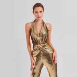 Fashionable new jumpsuit with sleeveless hanging neck, sexy waist closure, slimming effect, sequin pleated jumpsuit