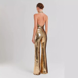 Fashionable new jumpsuit with sleeveless hanging neck, sexy waist closure, slimming effect, sequin pleated jumpsuit