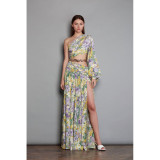 New European and American Spring/Summer Slanted Shoulder, Off waist, Sexy High Fork Printed Dress for Women