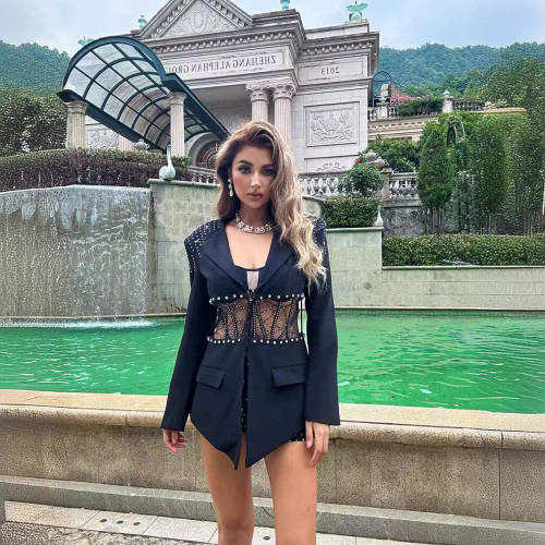 One piece shorts set, sexy hollow out long sleeved suit, two-piece set