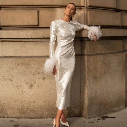 Luxury party dress with mid length pleated hollow out evening dress