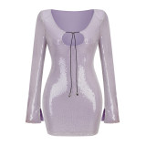Lace hollow sequin long sleeved sexy waist wrap buttocks personalized party banquet dress for women