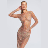 Round neck long sleeved hot diamond dress with fashionable and sexy design, mesh perspective clothing for women