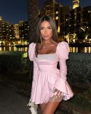 Elegant Bubble Long sleeved Square Neck Sequin Short Skirt Lace up Waist Slimming Dress