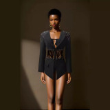 One piece shorts set, sexy hollow out long sleeved suit, two-piece set