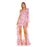 Summer New Irregular Tailed Dress with Belt Printed Oblique Shoulder Dress