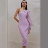 Sexy waistband slimming one shoulder strapless long dress with a tight fitting solid color and buttocks wrapped dress