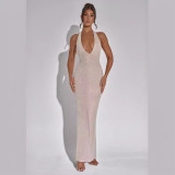 Sexy backless dress, luxurious hot diamond hanging neck strap, buttocks wrapped long dress