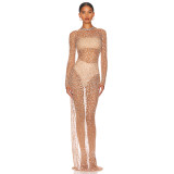Round neck long sleeved hot diamond dress with fashionable and sexy design, mesh perspective clothing for women